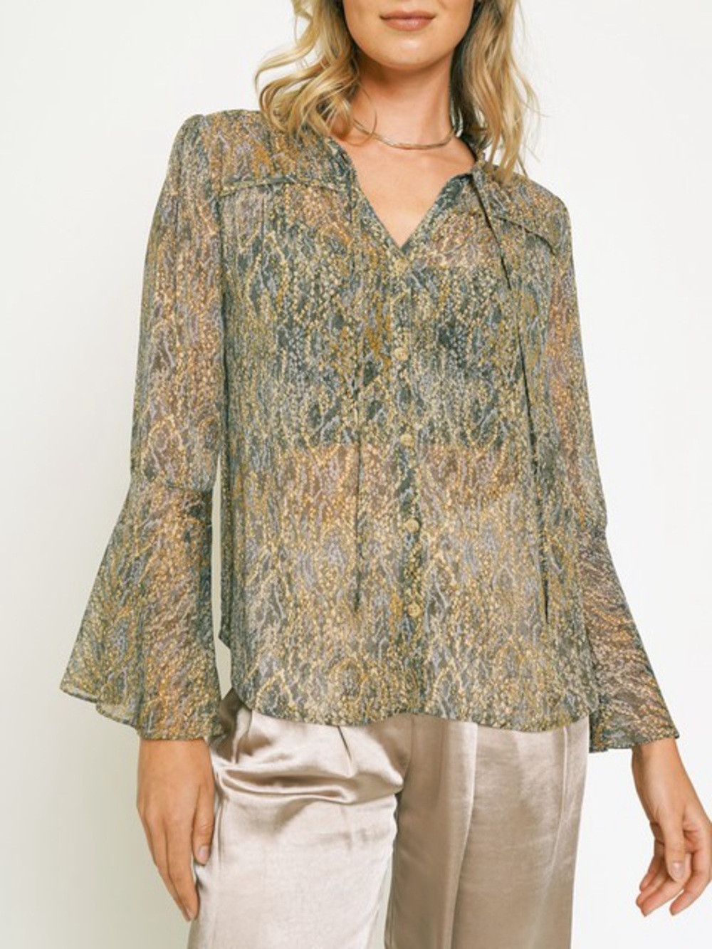 🍂SPECIAL🍂RUFFLE NECK LUREX CHIFFON BLOUSE|CHARCOAL